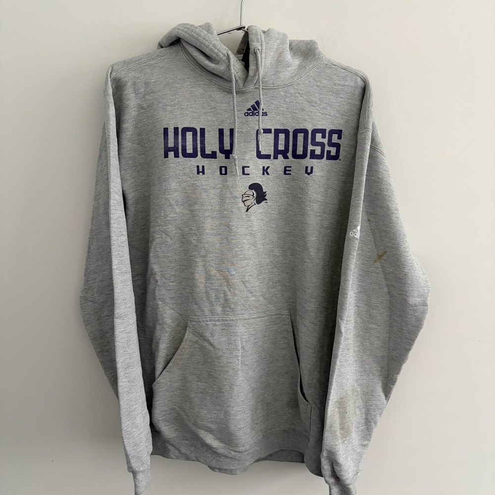 Adidas Holy Cross Hockey Mens Gray Pullover Hoodie Heathered Sweatshirt Large